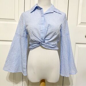 Ganni Charron Light Blue Gingham Bell Sleeve Knot Top